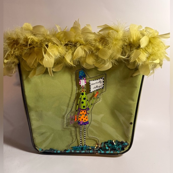 Green Feather Tote Bag with Sequins and Polka Dot Handles - Picture 2 of 9